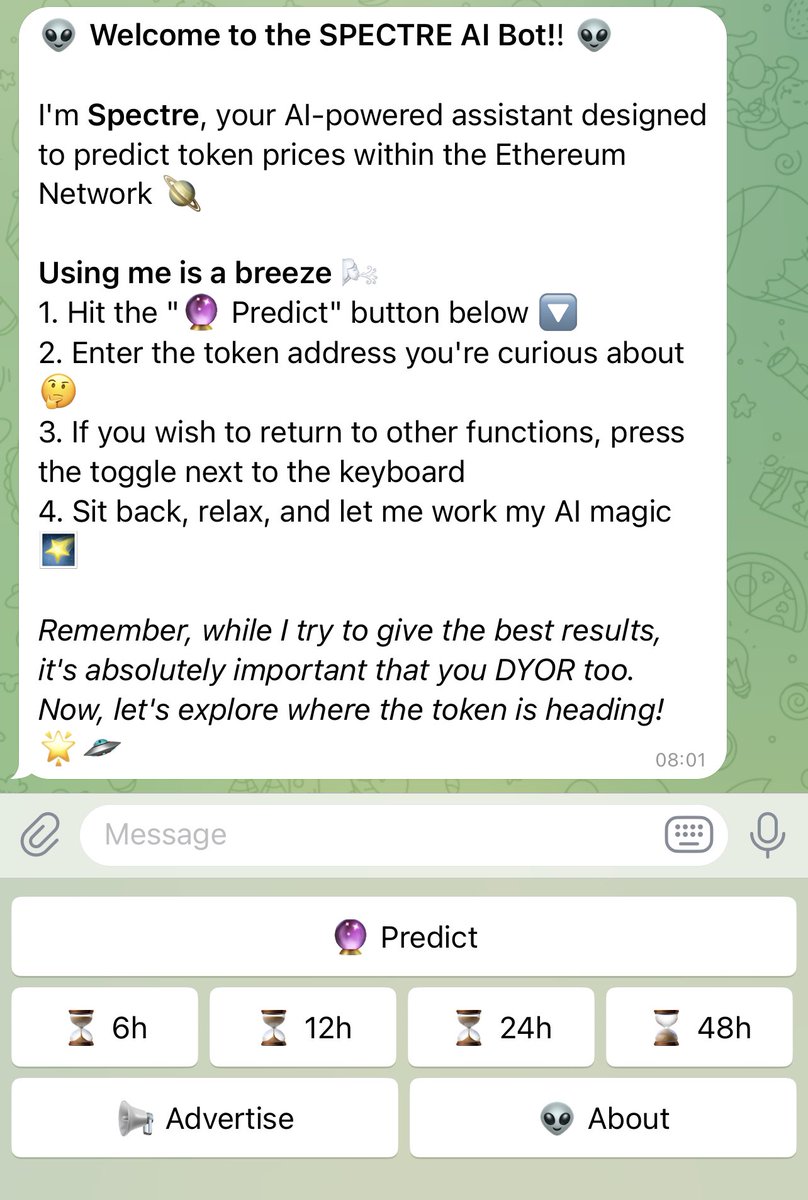 Spectre__AI's tweet photo. Our beta bot is now LIVE. Launch of #SPECTRE set for Tuesday.

Join our main TG to test the bot

$SPECT is coming 👽

#ai #aipredictions #bot #eth https://t.co/IoW9FjbkHP