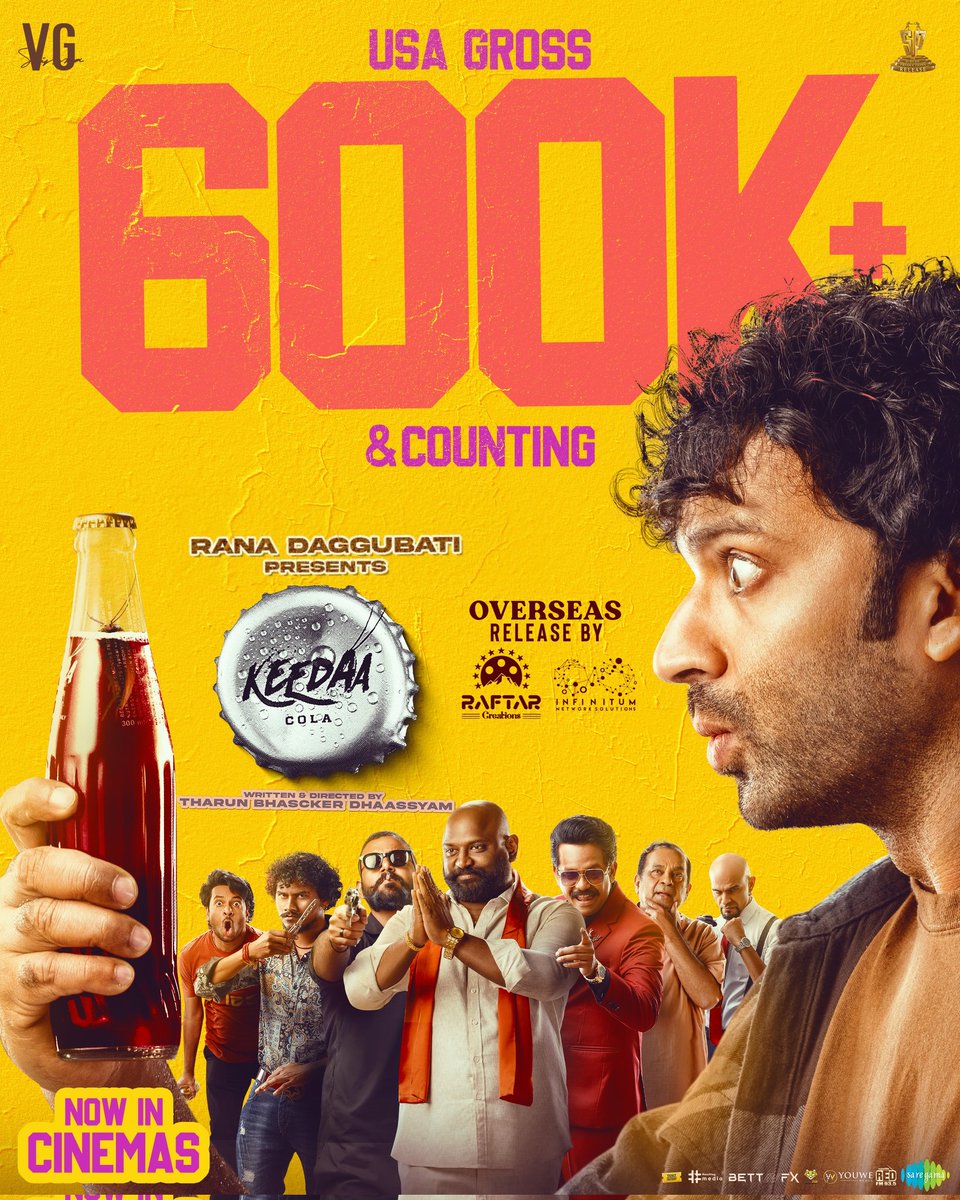 It is all #KeedaaCola at the USA box-office 💥 $600k gross already for the #BlockbusterKeedaaCola and still going strong linktr.ee/bmstf @TharunBhasckerD @RanaDaggubati @VGSainma @VivekSudhanshuK @sripadnandiraj @UpendraVg @Mesaikrishna @KaushikNanduri @RaftarCreations