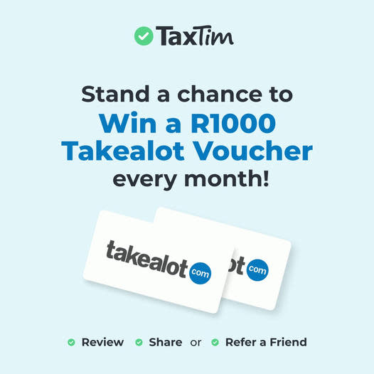 WIN A R1000 VOUCHER every month with <a href="/TAKEALOT/">takealot</a> &amp; TaxTim! 💪 💵

HOW TO ENTER👇
1. Make sure you are following @taxtim
2. Like AND Share this post
3. Tag 2 friends who need help with their taxes 😜

taxtim.com

#TaxTim #SARS