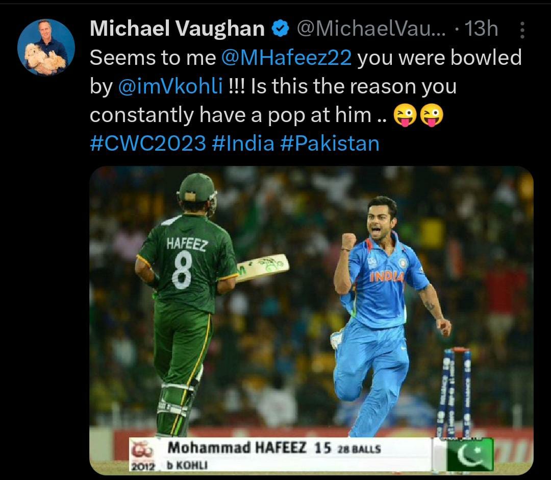 On a podcast @MichaelVaughan said that I hired a professional to banter with him. It's true. But I only did that as I thought he needed professional help. And it's worked. From unnecessarily trolling Ind fans to acting like an Ind fan, look how far he's come! #Proud 😊 #CWC2023
