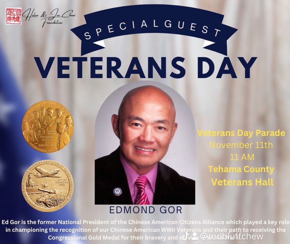 Guest of honor for Veterans Day. A dedicated supporter of Historic Chinatown Alley 歷史性 唐人街巷  since its inception, Mr. Gor

#redbluff #redding #norcal #california #shasta #chico #redbluffca #reddingca #tehamacounty #reddingcalifornia #oroville #northstate #veteransday #usa