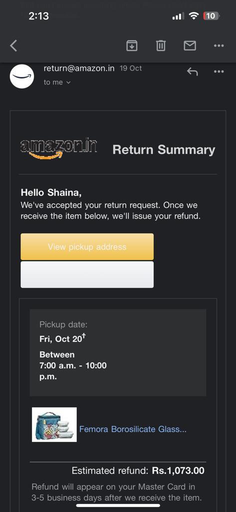 MidhaShaina's tweet photo. Ordered lunch boxes from @amazonIN  on 16th Oct, return pickup failed. They initially agreed to arrange another pickup, but now, after weeks of follow-up, they're refusing! Attached screenshots for proof. Their failure in the return policy is disappointing.
#customerservicefail https://t.co/R4EvISLeZC