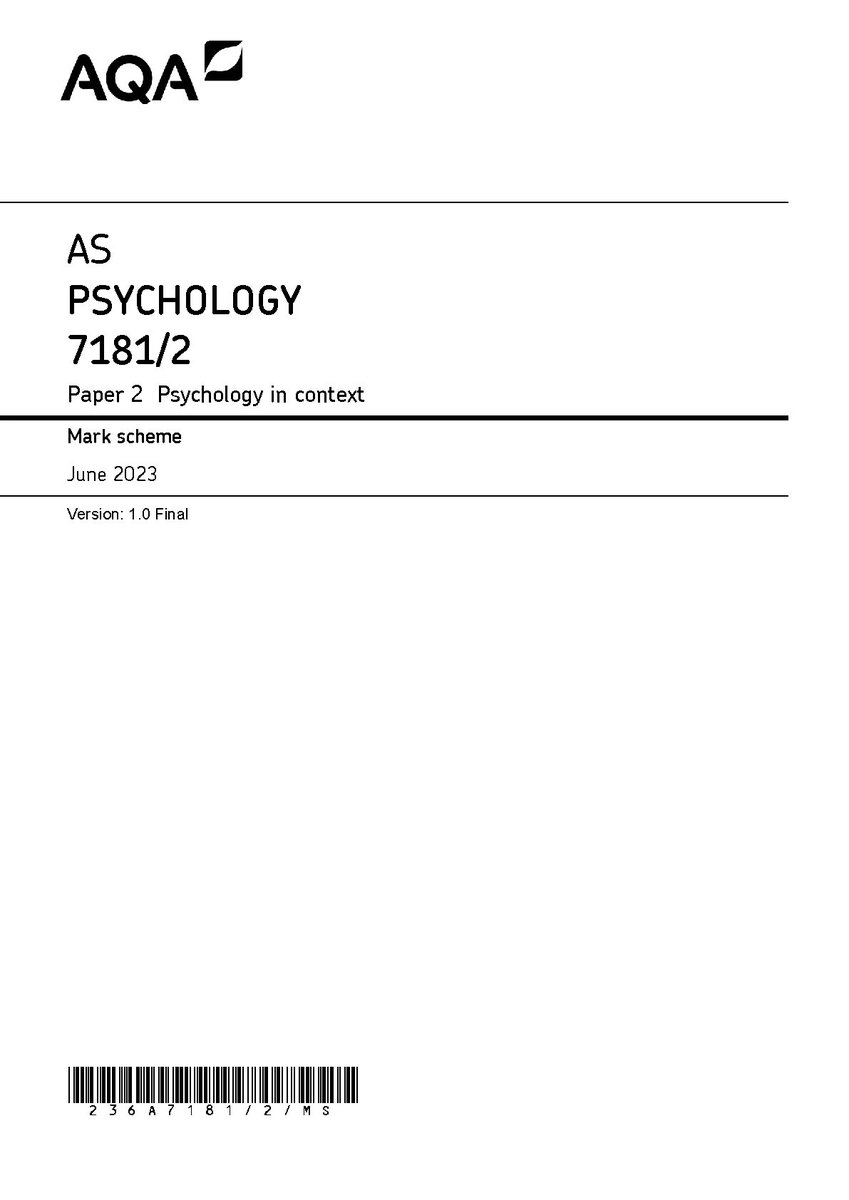paper29397's tweet photo. AQA AS PSYCHOLOGY PAPER 2 JUNE 2023 MARK SCHEME (7181/2 : Psychology in context)   
#AQAAS #psychology #paper2 #markscheme #7181/2 #fliwy 
https://t.co/9z1KgoTRQh https://t.co/8cYW8312ay