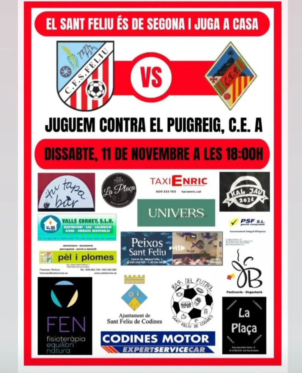 ⚪️🔴 Com ja avançava el TUJUGUES el passat dilluns, el <a href="/CFS_Feliu_Cod/">CFS Feliu de Codines</a> , sènior A, jugarà el seu partit al municipal vs Puigreig el DISSABTE a les 18h.

➡️El club estaria fent gestions per intentar que tots els partits de local es juguin sempre el dissabte a les 18h.
#futbol