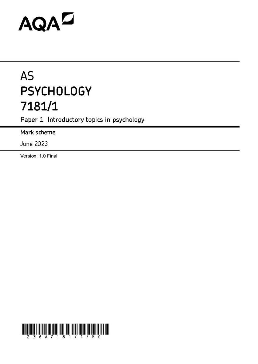 paper29397's tweet photo. AQA AS PSYCHOLOGY PAPER 1 JUNE 2023 MARK SCHEME (7181/1 :Introductory topics in psychology)  
#AQAAS #psychology #paper1 #markscheme #7181/1 #fliwy 
https://t.co/exwbQgYSrr https://t.co/rQjNfYGhRI