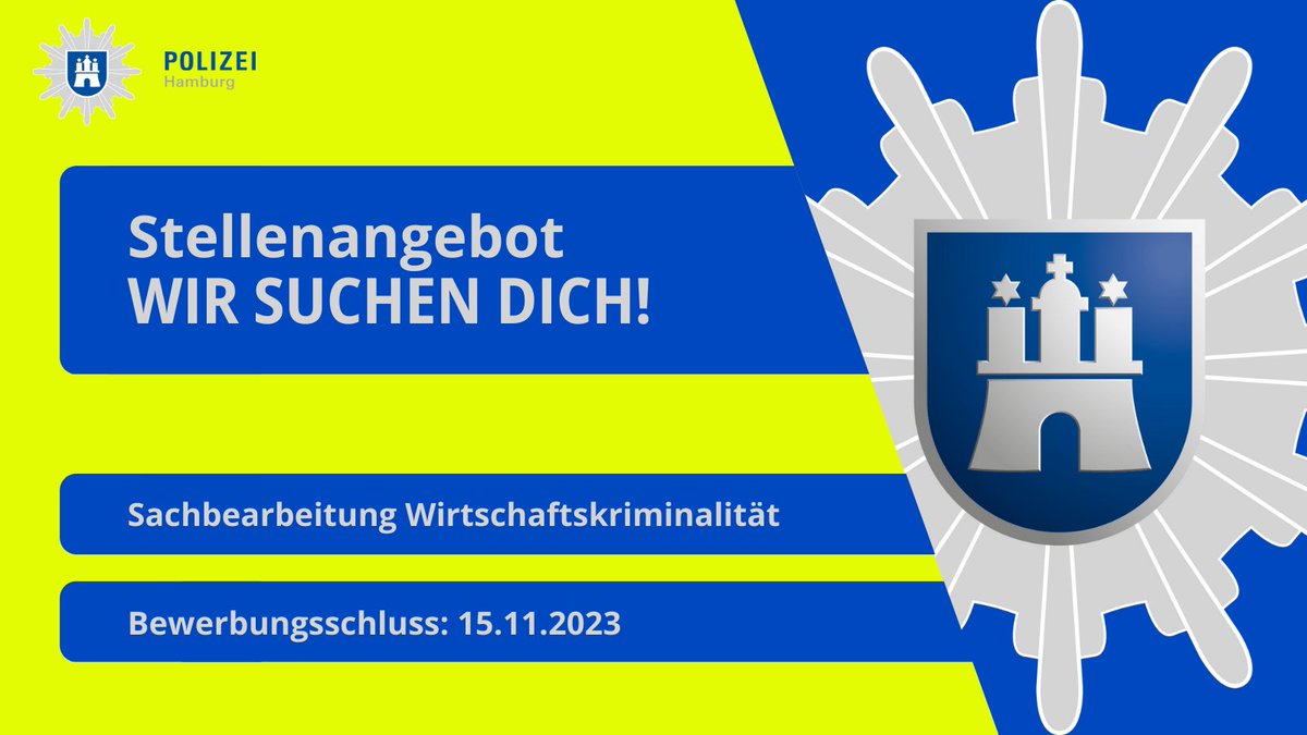PolizeiHamburg's tweet photo. +++FOLLOW THE MONEY+++
#Stellenausschreibung #LKA:
➡️ Sachbearbeitung Wirtschaftskriminalität
Bewerbungsschluss:
❗️ 15.11.2023
Alle Infos und zur #Onlinebewerbung:
➡️ https://t.co/HhbkYeosRO
#Finanzermittlungen #Geldwäsche #WiKri #PolizeiHamburg https://t.co/kqwniUrJAz