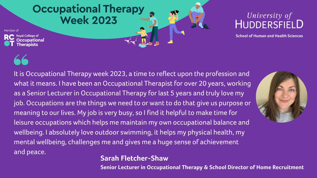 Hud_HHS's tweet photo. We're continuing our #OTWeek23 celebrations with a reflection from our @Hudds_Uni_OT Senior Lecturer &amp; Director of Home Recruitment Sarah Fletcher-Shaw (@sarahjoOT) on the #OccupationalTherapy profession &amp; what it means. 💚@theRCOT https://t.co/PvZd48qO6U