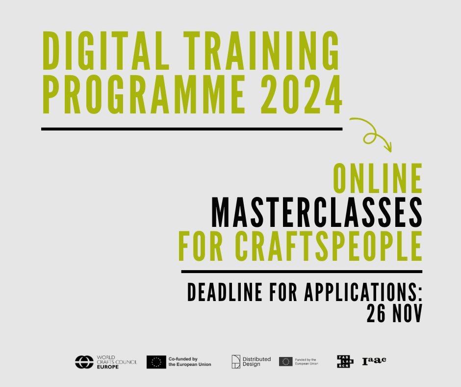 ddesignplatform's tweet photo. 🗣️ Open call: Free online masterclasses for craftspeople to explore cutting-edge digital technologies into their practice! The masterclasses will take place from February to March 2024. Learn more and apply here: https://t.co/tyD2vieZfO

#DistributedDesign #CreativeEurope https://t.co/CpYD0MGmRj