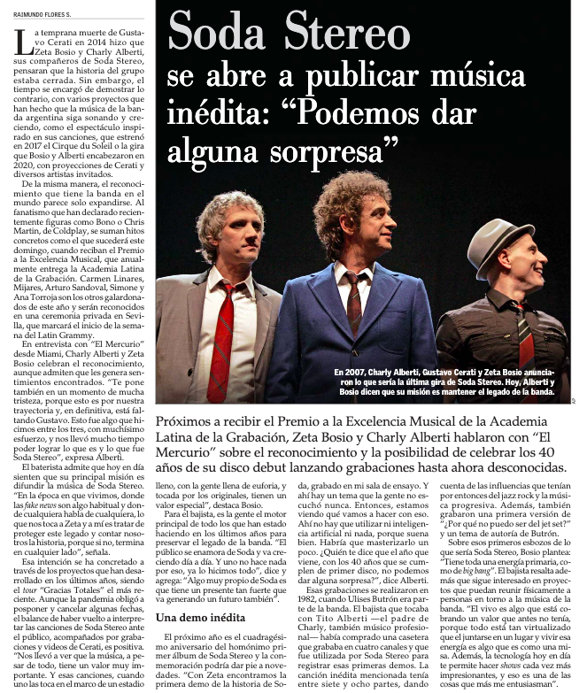 raimundo_flores's tweet photo. Zeta Bosio y Charly Alberti encontraron las primeras demos que grabaron con Soda Stereo y están pensando en publicarlas. Así lo cuentan hoy en esta entrevista que hice para El Mercurio a raíz del Premio a la Excelencia Musical que recibirán este domingo. https://t.co/RR3BEYT27l