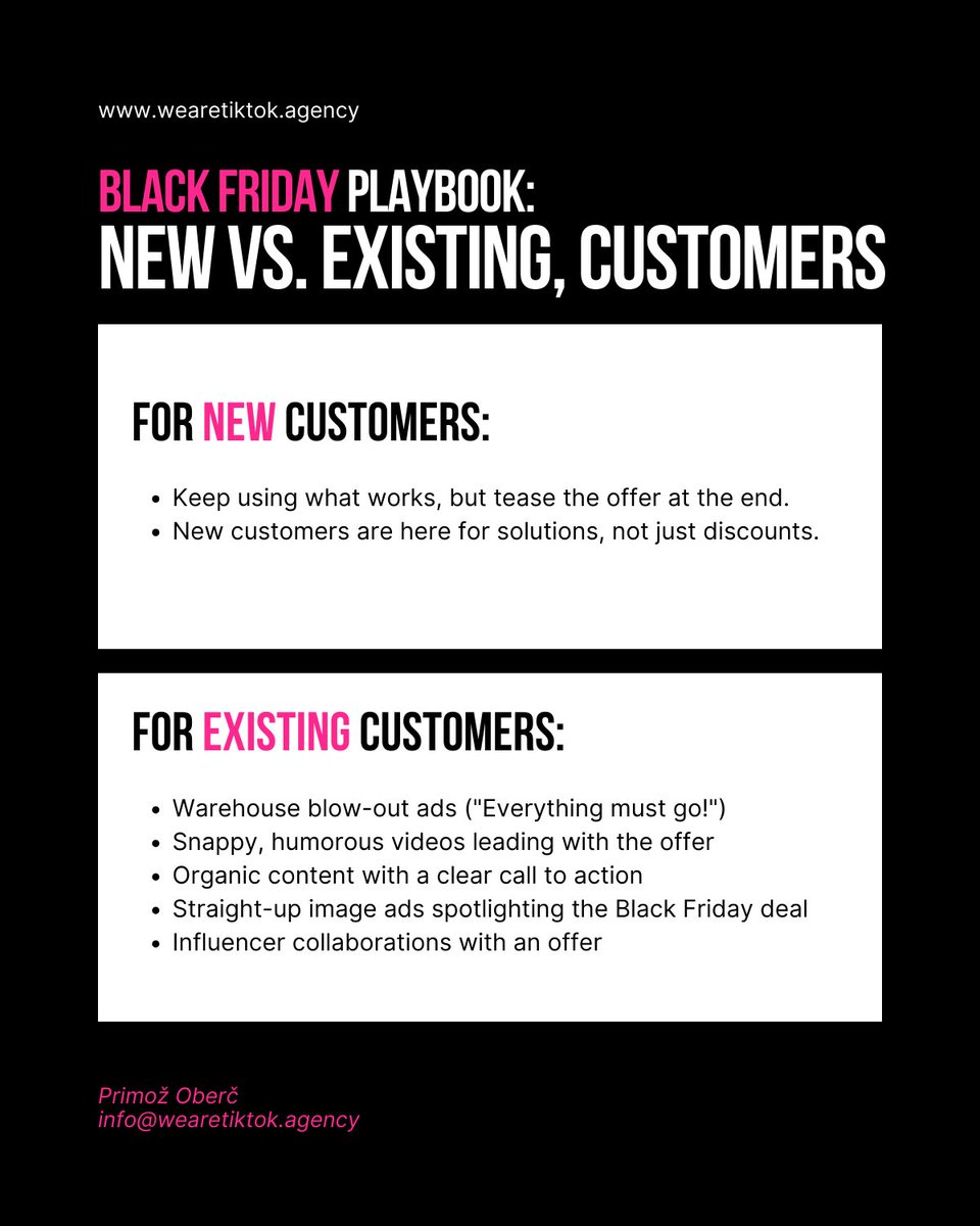 Primozoberc's tweet photo. Black Friday Strategy Time! 🚨

🎯 Different tactics for new vs. existing customers are a must. 
🤔 Don't just discount; segment your audience for real profit. 
📈  Stand out with top creative content.

DM me for content creation &amp; use code BF20 for a discount. #BlackFriday https://t.co/Os8uRzD5VV
