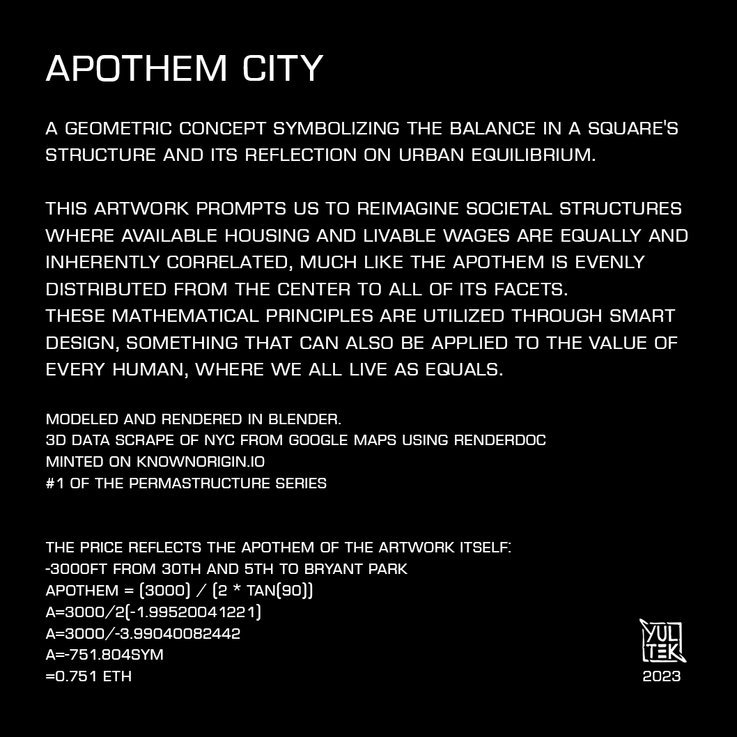 APOTHEM CITY
Available now on <a href="/KnownOrigin_io/">KnownOrigin.io</a>
knownorigin.io/gallery/342130…
A geometric concept symbolizing the balance in a square's structure and its reflection on urban equilibrium.