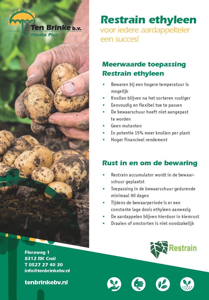 brinke_w's tweet photo. Restrain ethyleen uitermate geschikt als pootgoed behandeling voor de teelt van pootaardappelen en consumptieaardappelen.

Voordelen:
- meer stengels per plant
- meer knollen per plant
- meer rendement voor de teler

Bent u geïnteresseerd? Bel 0527 274030. https://t.co/cW5LN9Mccv
