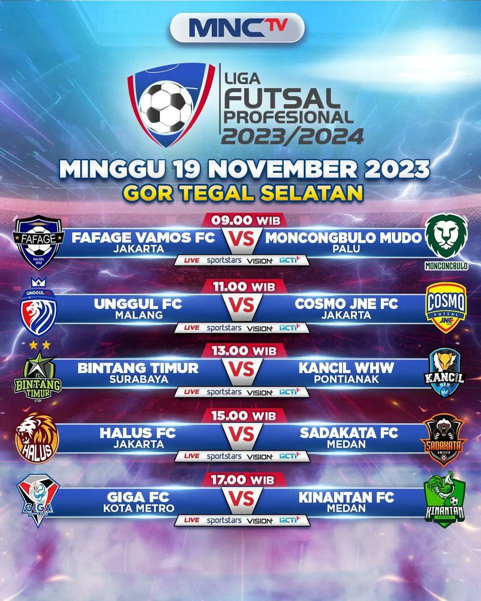 𝐒𝐈𝐀𝐀𝐏 𝐓𝐄𝐌𝐏𝐔𝐑𝐑!💥 Klub terbaik akan bersaing meraih poin penuh dalam laga pembuka #LigaFutsalPro 2023/2024 Klub manakah yang akan tancap gass? Saksikan Mulai 18 November LIVE & Ekskusif Hanya di @Official_MNCTV @MNCSportstars @mncsoccer101 @visionplusid @RCTIPlus