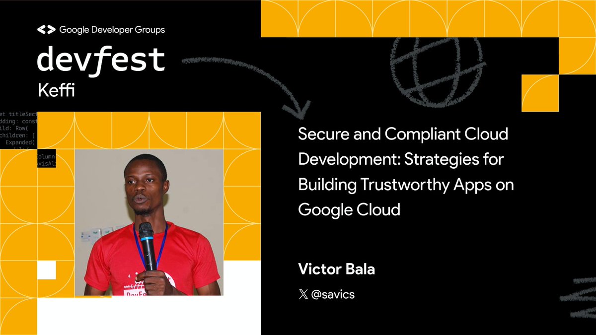 GdgKeffi's tweet photo. Meet our Speaker!!!

@savics will be speaking on secure and compliant cloud development: startegies for building trustworthy apps on @GoogleCloudTech 
#DevFest #DevFestKeffi #DevFest2023 https://t.co/ds38En2hEl
