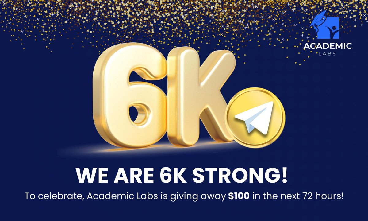 Acad_Labs's tweet photo. Our Telegram Communities just hit 6k members! 🎉

To celebrate, we're giving away $50 in the next 72 hours! 💰

Win $50 by:
- Follow @Acad_Labs ✅
- Like &amp; RT ❤️
- Join our Telegram Group &amp; Channel: https://t.co/RpADLQaA0y / https://t.co/yP1J3lffgL📲
- Tag 3 friends https://t.co/c5MriHAzMw