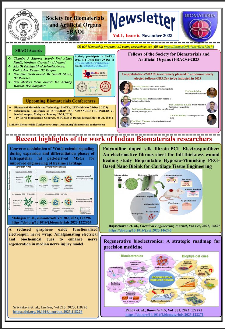 <a href="/SBAOIndia/">Society for Biomaterials & Artificial Organs India</a> is pleased to announce the second edition of this year's newsletter! We highlight the #latest #research #findings of #Indian #biomaterials #researchers, newly elected #FBAOs, awardees at different levels, mentorship program, and much more! Happy reading