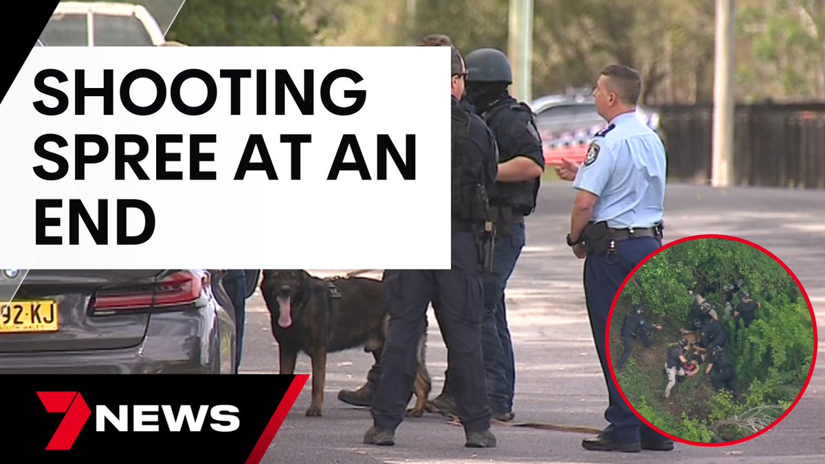 Two men have been dragged from bushland and arrested following a terrifying shooting spree that lasted for much of the day, over hundreds of kilometres, on the state's Mid North Coast. youtu.be/4A0wavVwMQg <a href="/Andrew_Denney/">Andrew Denney</a> #7NEWS