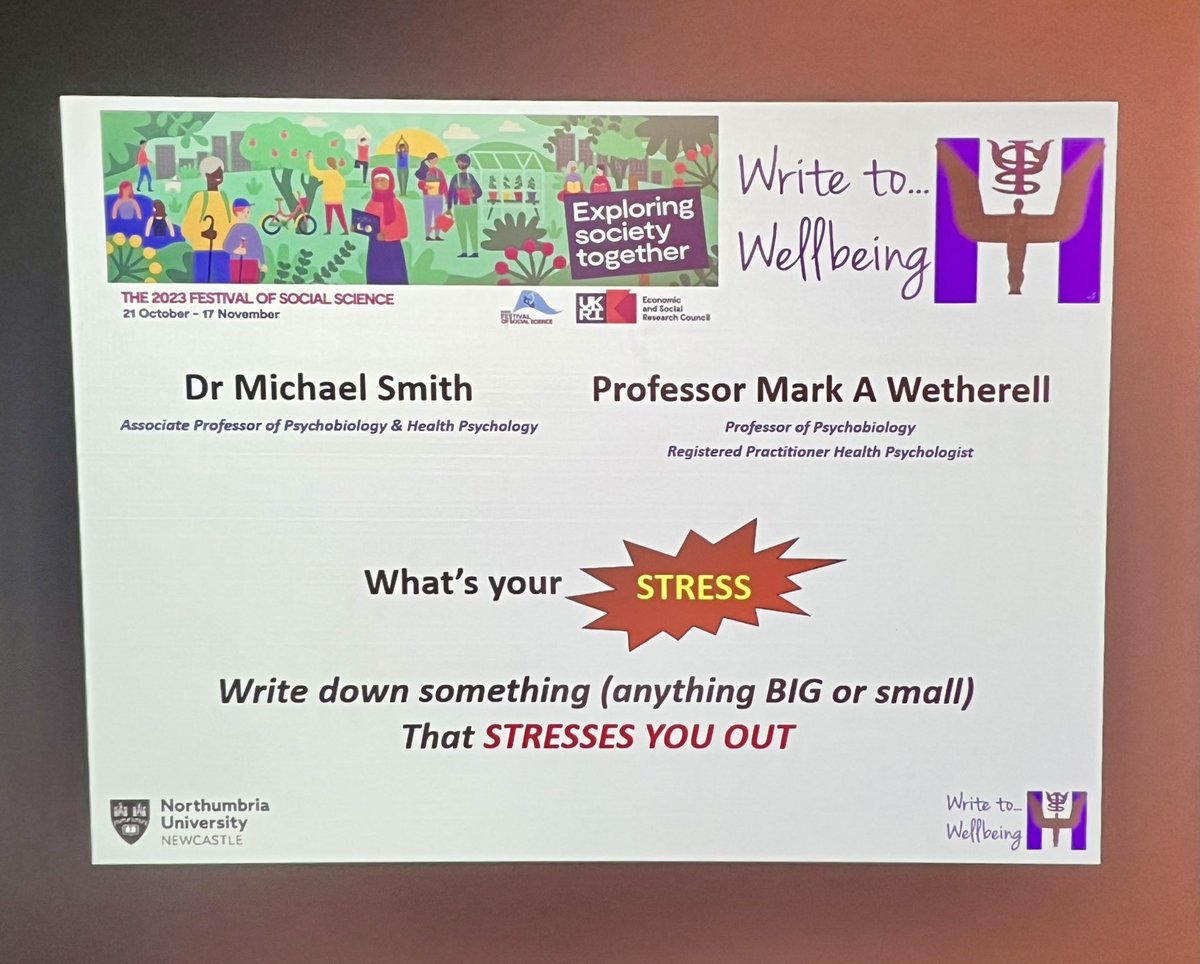 Prof Mark Wetherell 🛸 (@drminkster) on Twitter photo An excellent night (that’s what the feedback said) running our stress and therapeutic writing workshop with <a href="/Dr4Smith/">Michael Smith</a> as part of the <a href="/ESRC/">Economic and Social Research Council</a> #FestivalOfSocialScience
<a href="/NorthumbriaUni/">Northumbria Uni</a> An excellent night (that’s what the feedback said) running our stress and therapeutic writing workshop with <a href="/Dr4Smith/">Michael Smith</a> as part of the <a href="/ESRC/">Economic and Social Research Council</a> #FestivalOfSocialScience
<a href="/NorthumbriaUni/">Northumbria Uni</a>