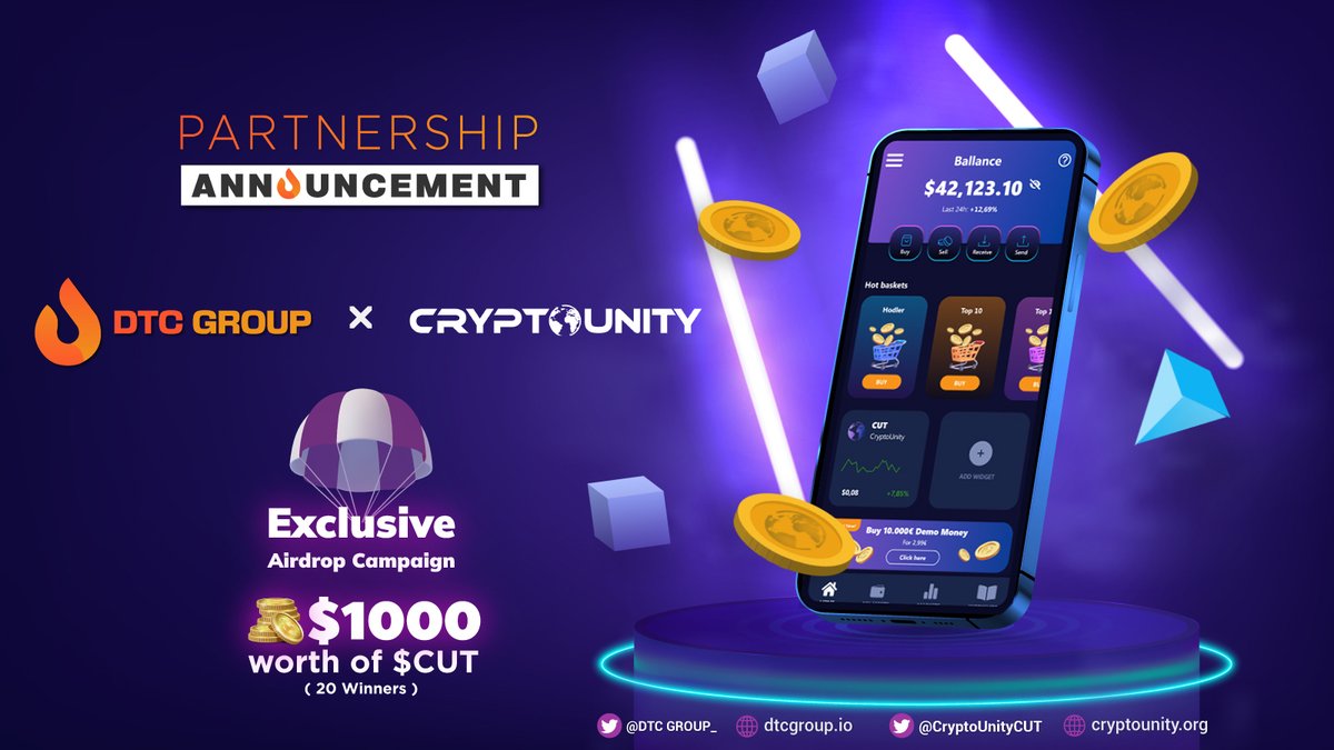 @DTCGroup_ x 🌐 @CryptoUnityCUT Exclusive Partnership Airdrop Campaign 🏆 We are giving away $1000 worth of $CUT distributed to 20 random winners you just have to 1) Follow @DTCGroup_ and @CryptoUnityCUT Twitter 2) Join CryptoUnity's Telegram: t.me/cryptounity_cut 3) Like,…