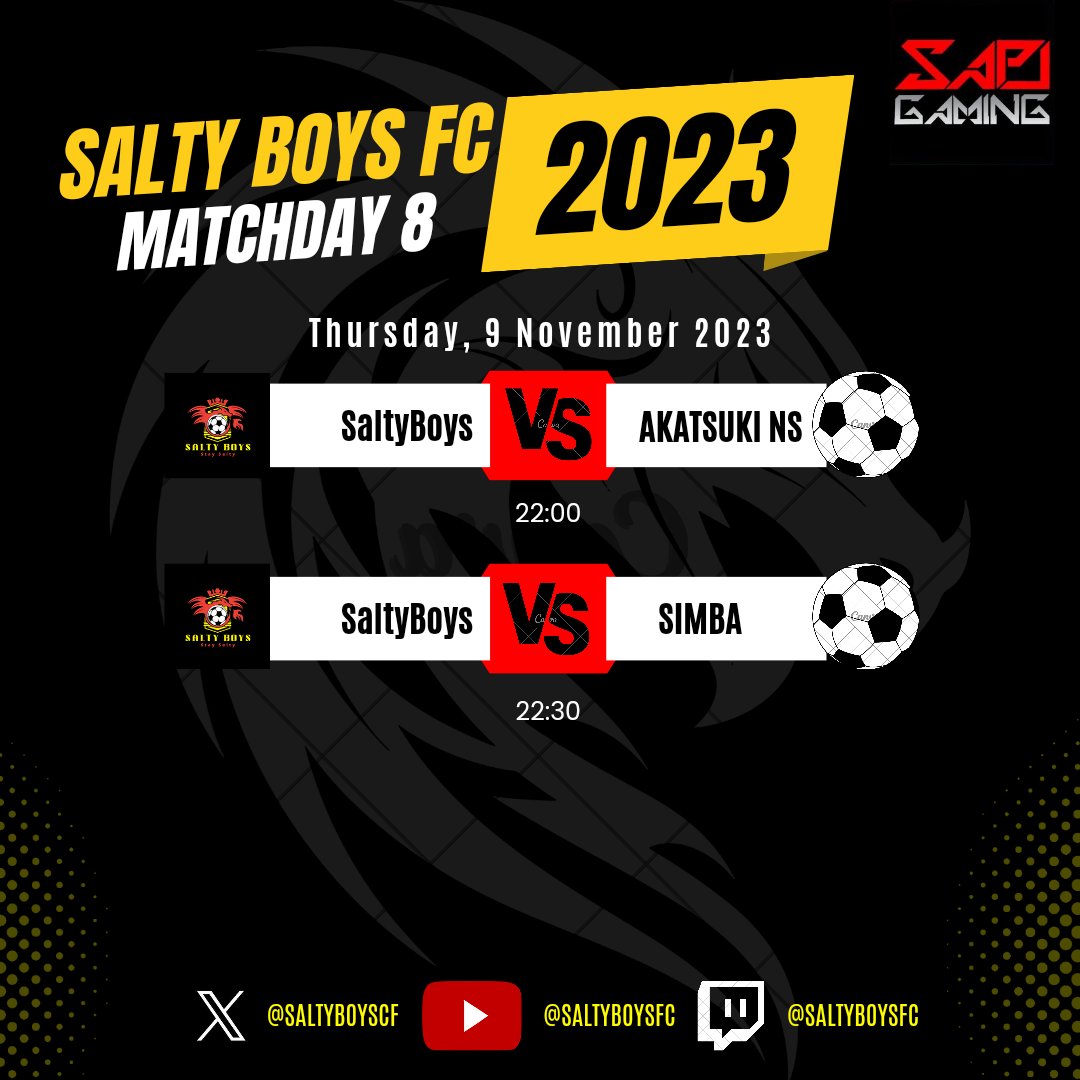 SaltyBoysCF's tweet photo. Matchday 8 is here! 😁 We might play a cup game as well, but we still have a decider to play beforehand to see who advances through to the next round. Details will be made available asap. 💪🏻💛🖤 https://t.co/ocsP5bjzCr