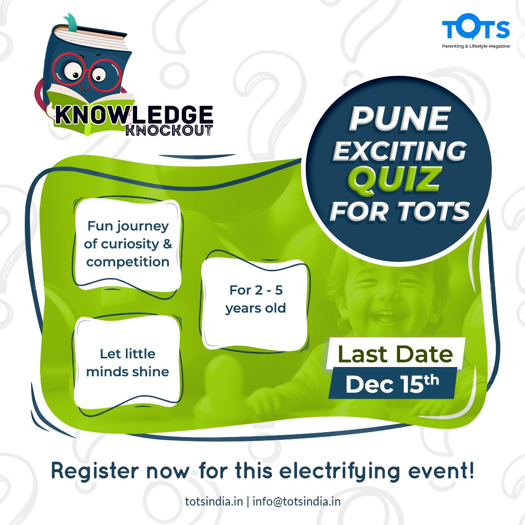 📢 Parents, get ready for 'Knowledge Knockout'! This extraordinary quiz contest is an immersive journey where toddlers evolve into trivia titans. Ignite curiosity in playful manner. Register now! 

Last date: Dec 15th. 

#KnowledgeKnockout #Pune #Parents #Tots #TotsIndia