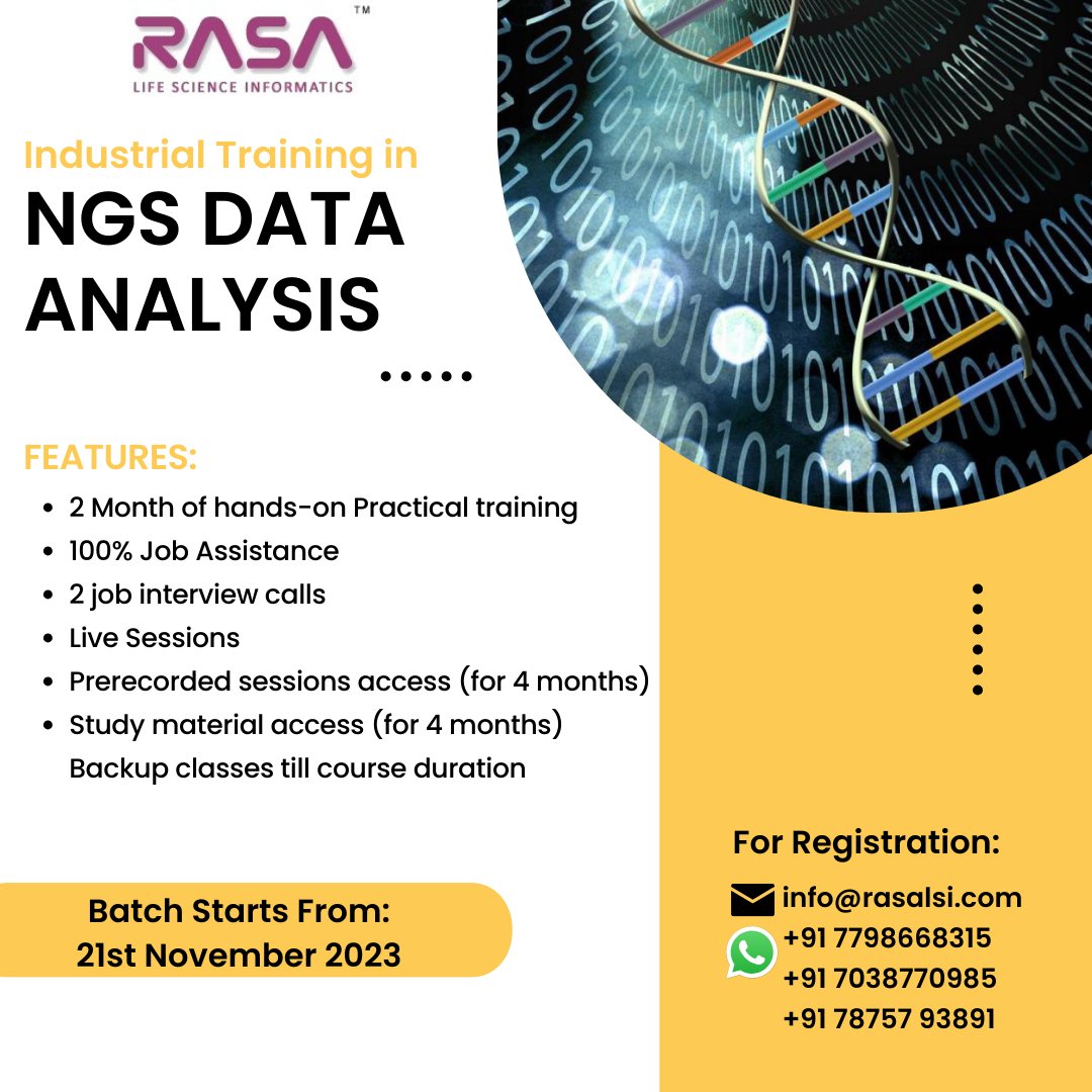 RASA Lsi (@rasalsi) on Twitter photo Industrial Training in NGS Data Analysis
#ngsdataanalysis #industrialtraining #onlinetraining #rasa #rasalsi
For training-related details:
Email us: info@rasalsi.com
WhatsApp on: +91-7038770985, +91-7798668315 & +91 78757 93891 Industrial Training in NGS Data Analysis
#ngsdataanalysis #industrialtraining #onlinetraining #rasa #rasalsi
For training-related details:
Email us: info@rasalsi.com
WhatsApp on: +91-7038770985, +91-7798668315 & +91 78757 93891