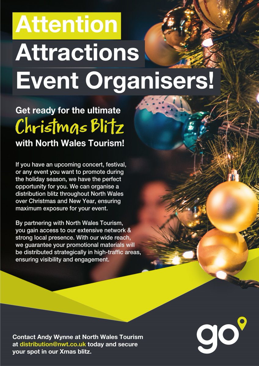 If you have an upcoming #concert, #festival, or any #event you want to promote during the holiday season, we have the perfect opportunity for you. We can organise a #distribution blitz throughout North Wales over #Christmas and #New Year, ensuring maximum exposure for your event.