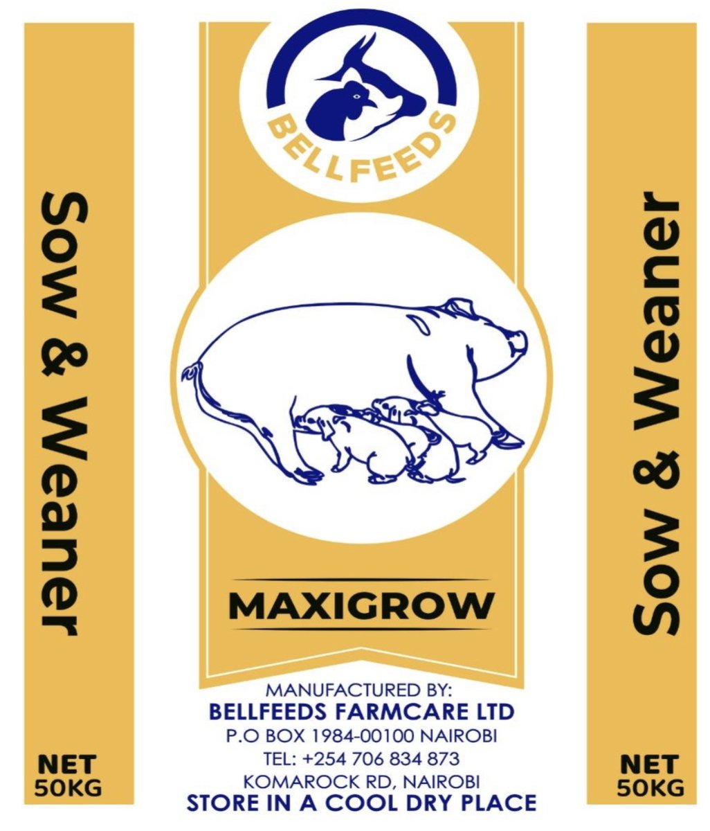 New BellFeeds MaxiGrow.

Packaged in 50kg bag.

Exceeds all the nutrition requirements and ensures that your pigs reach the market in time.

Ingredients : 
(Maize Meal,Maize germ, Wheat Bran, Wheat pollard, Soya, Fish Meal, Calcium, Lysine, Toxin Binder &amp;  Secret Growth additive)