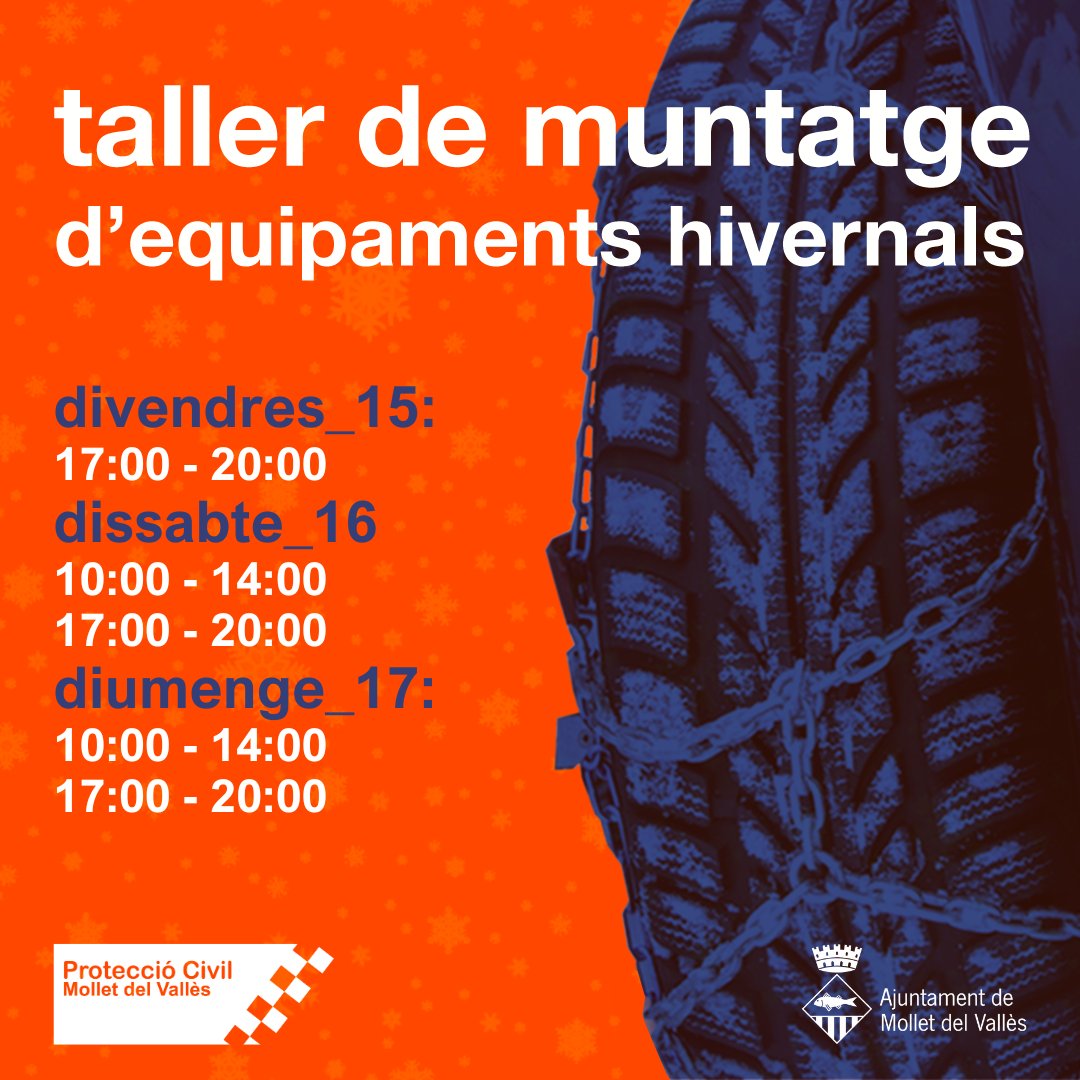 Bon dia!
Desprès de l'èxit de les edicions anteriors, com no, tornem a preparar el taller de muntatge d'equipaments hivernals, les conegudes cadenes.
Ja sabem que a Mollet no és habitual que nevi, pero oi que vosaltres si que anireu on hi hagi neu? 😅😅😅
<a href="/ajmollet/">Ajuntament de Mollet del Vallès</a>