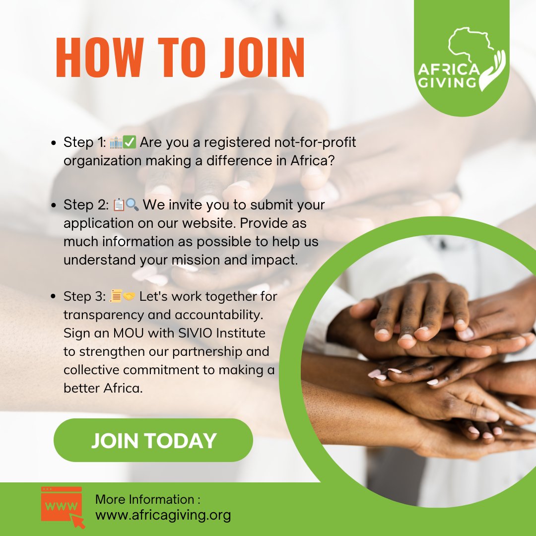 MediaCmg's tweet photo. 🌍🤝 Join Our Network! 🌍🤲
1️⃣ Register your African NGO. 
2️⃣ Submit details on our website. 
3️⃣ Sign an MOU for transparency with SIVIO Institute. Let's create a better Africa together. 📦💫 #NonProfitCollaboration #AfricanChangeMakers #TransparencyMatters 🌟 https://t.co/ldnYauPeeD
