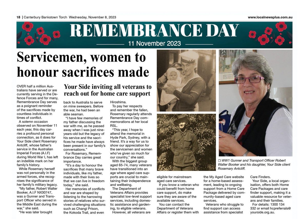 yoursideaus's tweet photo. Thanks to The Torch for sharing the personal story of our lovely client Rosemary Antcliff in their Remembrance Day edition.

To ensure veterans receive the care and support they deserve contact Your Side at 1300 134 332 or email hcpreferrals@yourside.org.au https://t.co/RtpRi3US4F