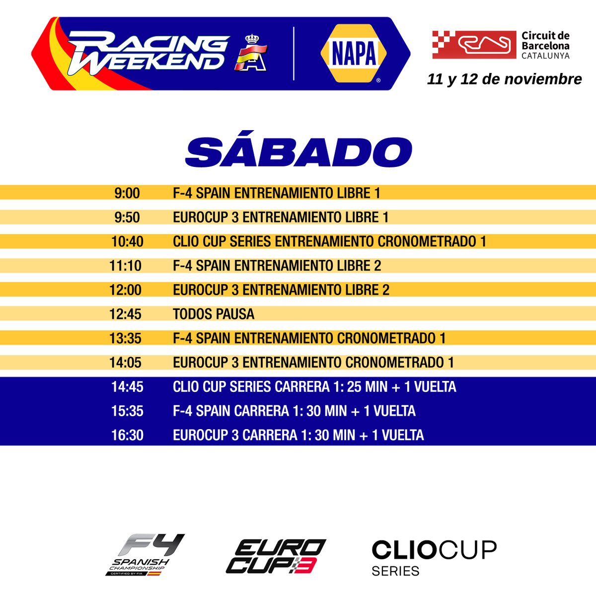EPIC_RW's tweet photo. ¡Sincronicen sus agendas porque se viene!🚀
⌚️Estos son los horarios para no perderse nada en el #CircuitdeBarcelonaCatalunya
#NAPARacingWeekend #RFEDA #NAPA #F4Spain #EuroCup3 #ClioCupSeries #ClioCupFrance #ClioCupEspaña #FIA #Greenpower https://t.co/gIcjEbg252
