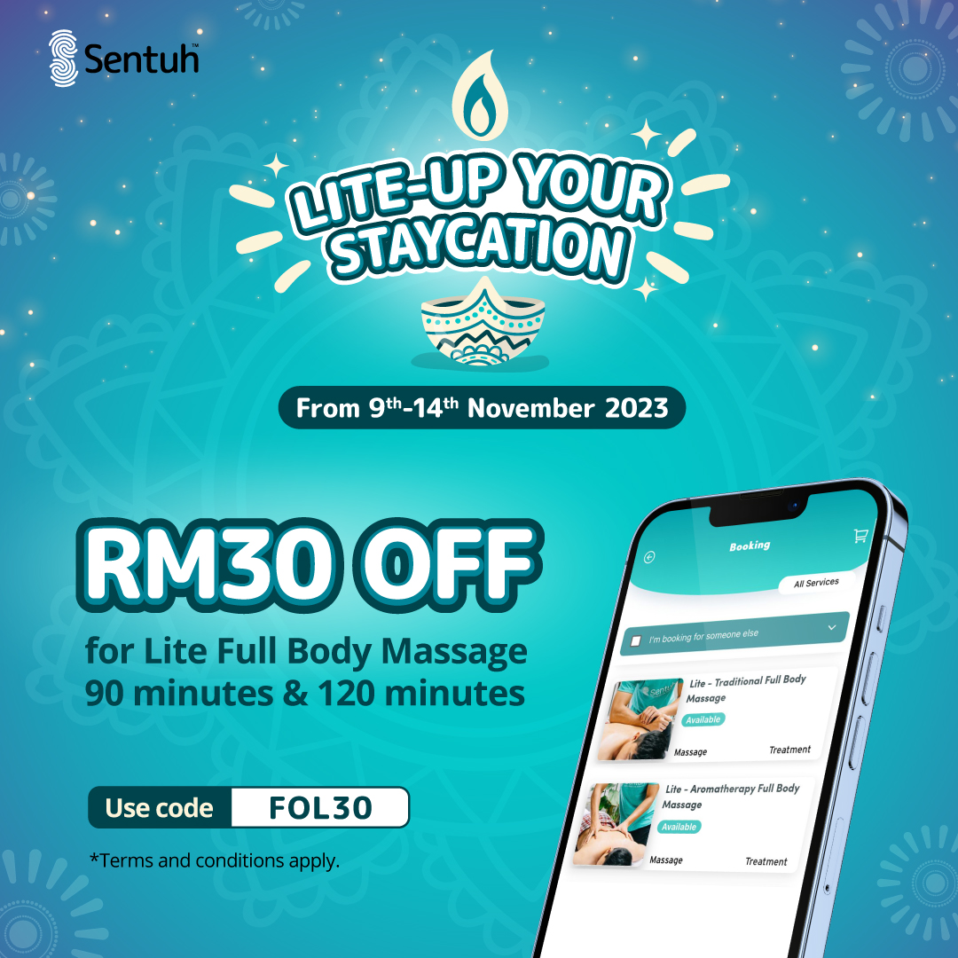 Hari Deepavali nanti korang cuti tak? Jom dapatkan diskaun RM30 untuk Lite Full Body Massage (90 minit atau 120 minit) bersempena cuti panjang yg bakal menjelma nanti!✨

Promo ni valid hingga 14 Nov. Gunakan promocode FOL30 apabila anda buat booking dalam app nanti 🤗