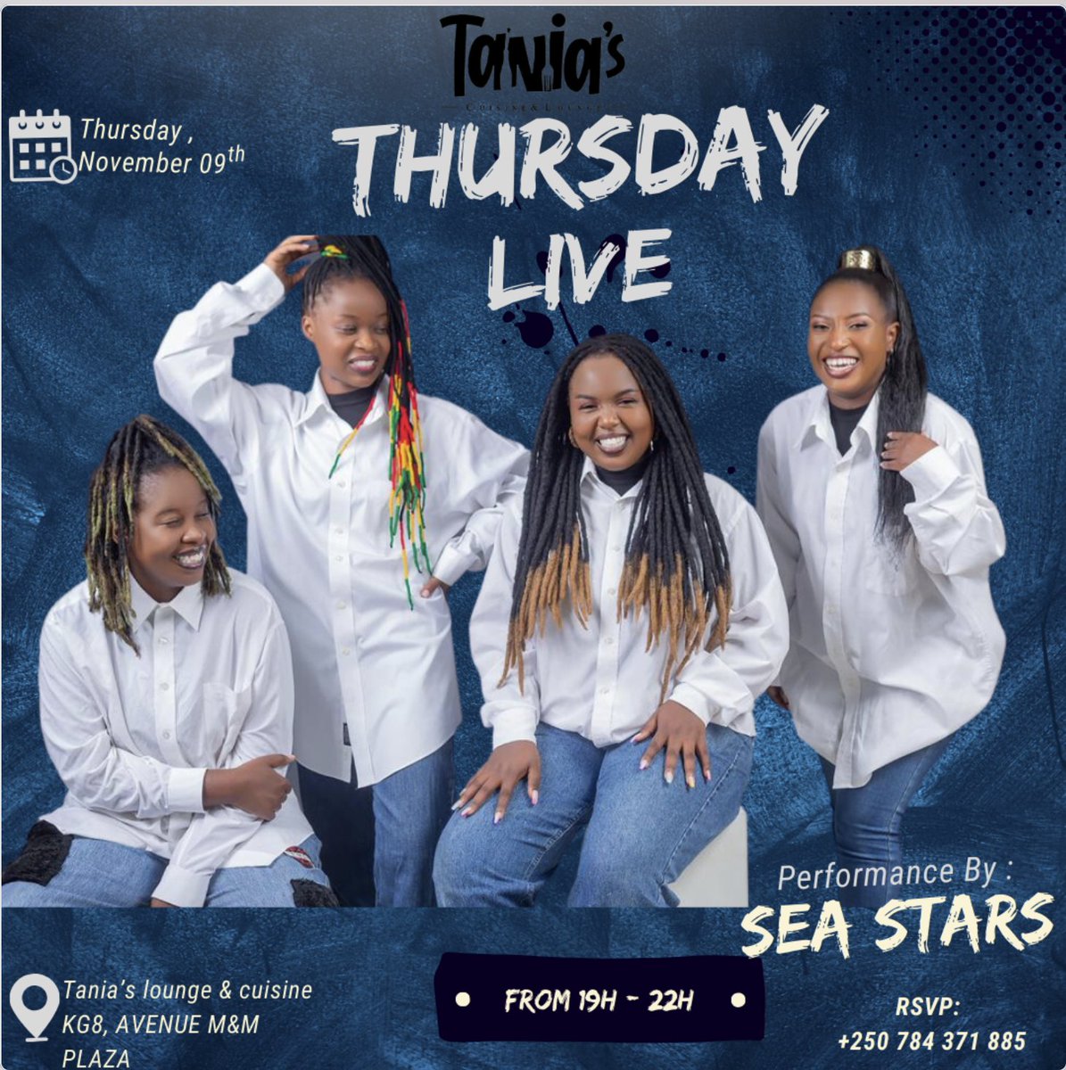 Hey Happy People in Kigali, all roads go to Tania's Lounge and Cuisine this evening. The Rwanda Queens of Soul music are performing live from 19h30 to 22h00. Book your spots. Grab your seats.