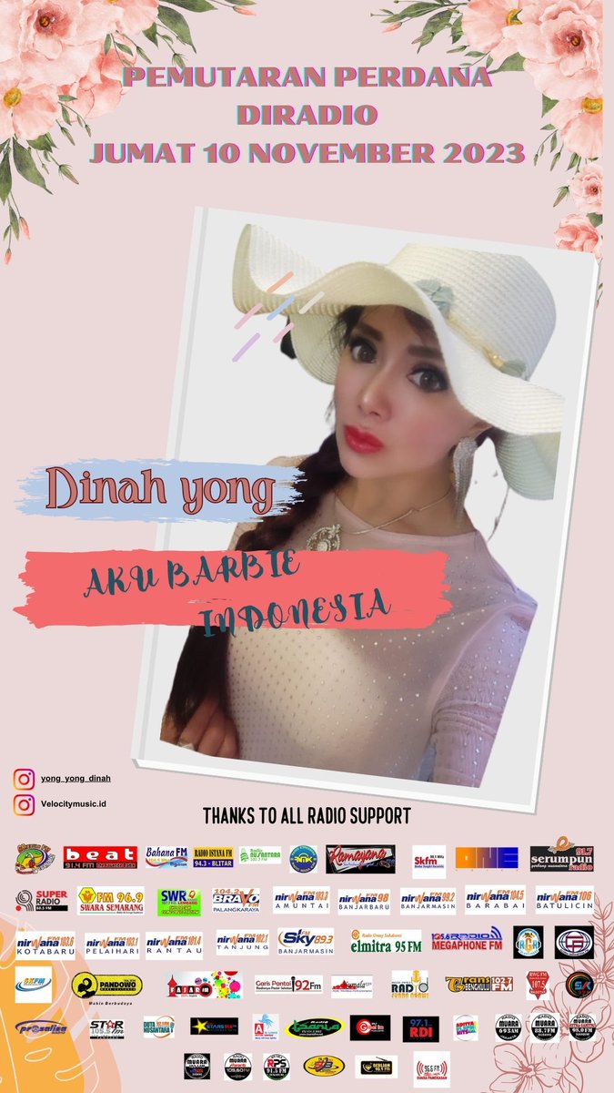 Besok #PemutaranSerentakRadio

Artis   :   DINAH YONG (IG @yong_yong_dinah)
Judul Lagu  : AKU BARBIE INDONESIA
Genre : DANGDUT REMIX
Publishing : Velocity Music Indonesia
(IG &amp; Twitter @velocitymusicid)

Jam:17.00 Wib cc:<a href="/jalankarmel114/">Basrul Hutabarat</a>