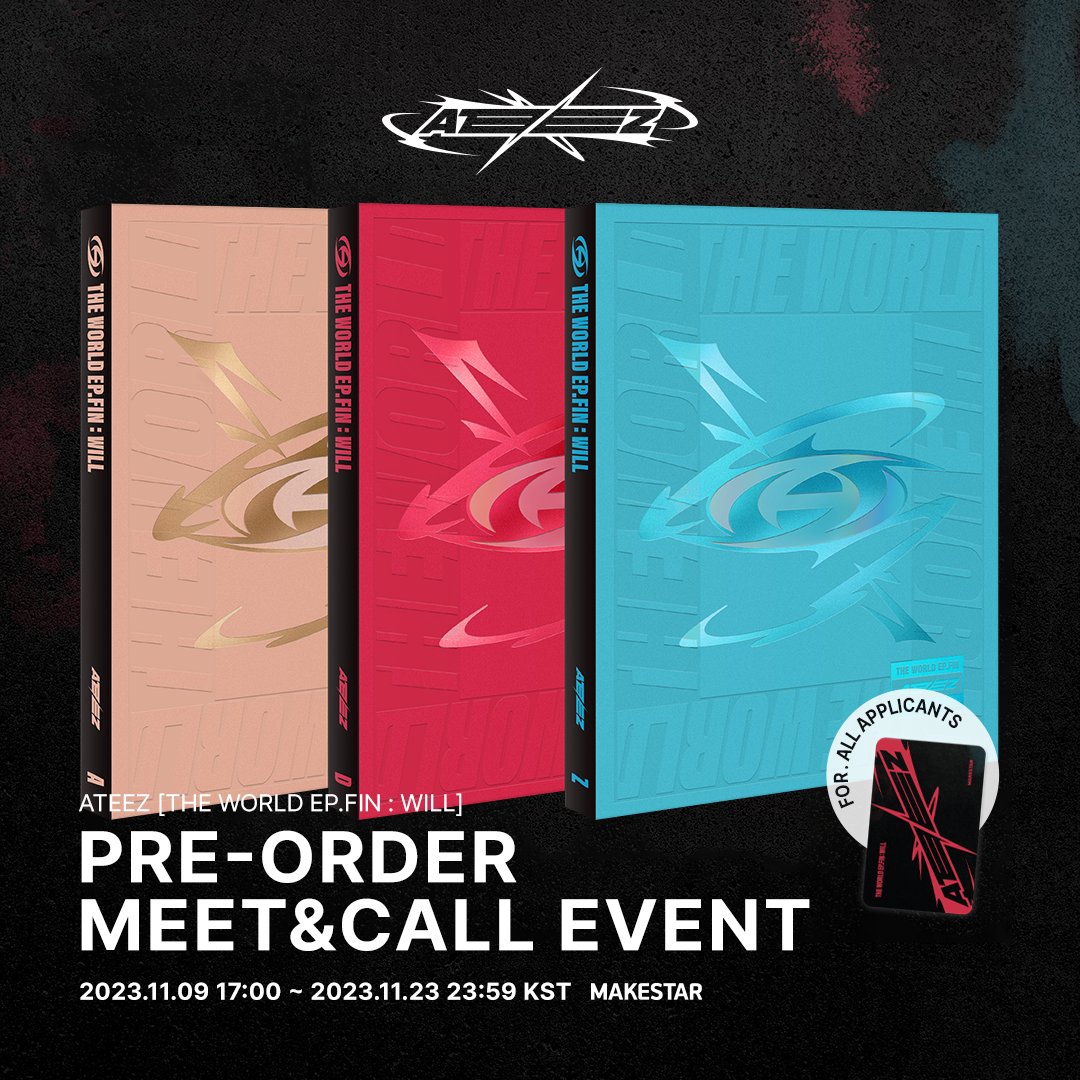 Makestarcorp's tweet image. #ATEEZ [THE WORLD EP.FIN : WILL] PRE-ORDER MEET&amp;amp;CALL EVENT OPEN!

🎁메이크스타 단독 포토카드 증정
🎁응모자 16명 추첨 사인 폴라 증정
🎁홍보 당첨자 포토카드 1 SET 증정

📆행사 일시 : 23.12.17(SUN)
📆판매 기간 : 23.11.09 17:00 ~ 23.11.23 23:59 (KST)
🔗bit.ly/47sFdeL