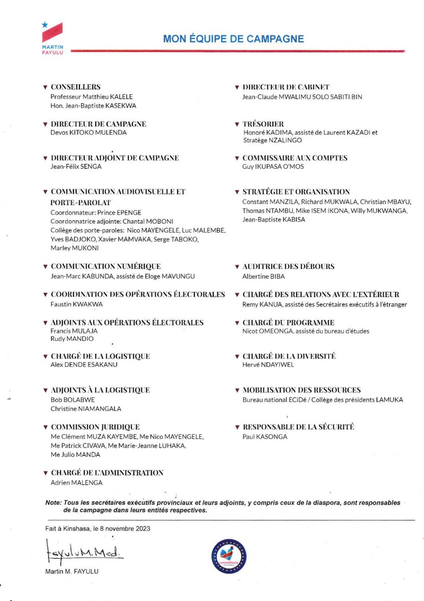 MartinFayulu's tweet photo. Voici l’équipe qui m’accompagnera lors de la campagne électorale qui débute le dimanche 19 novembre courant. 
𝐒𝐨𝐛𝐫𝐢𝐞́𝐭𝐞́ 𝐞𝐭 𝐄𝐟𝐟𝐢𝐜𝐚𝐜𝐢𝐭𝐞́ ! https://t.co/Qy5cd5XCuM