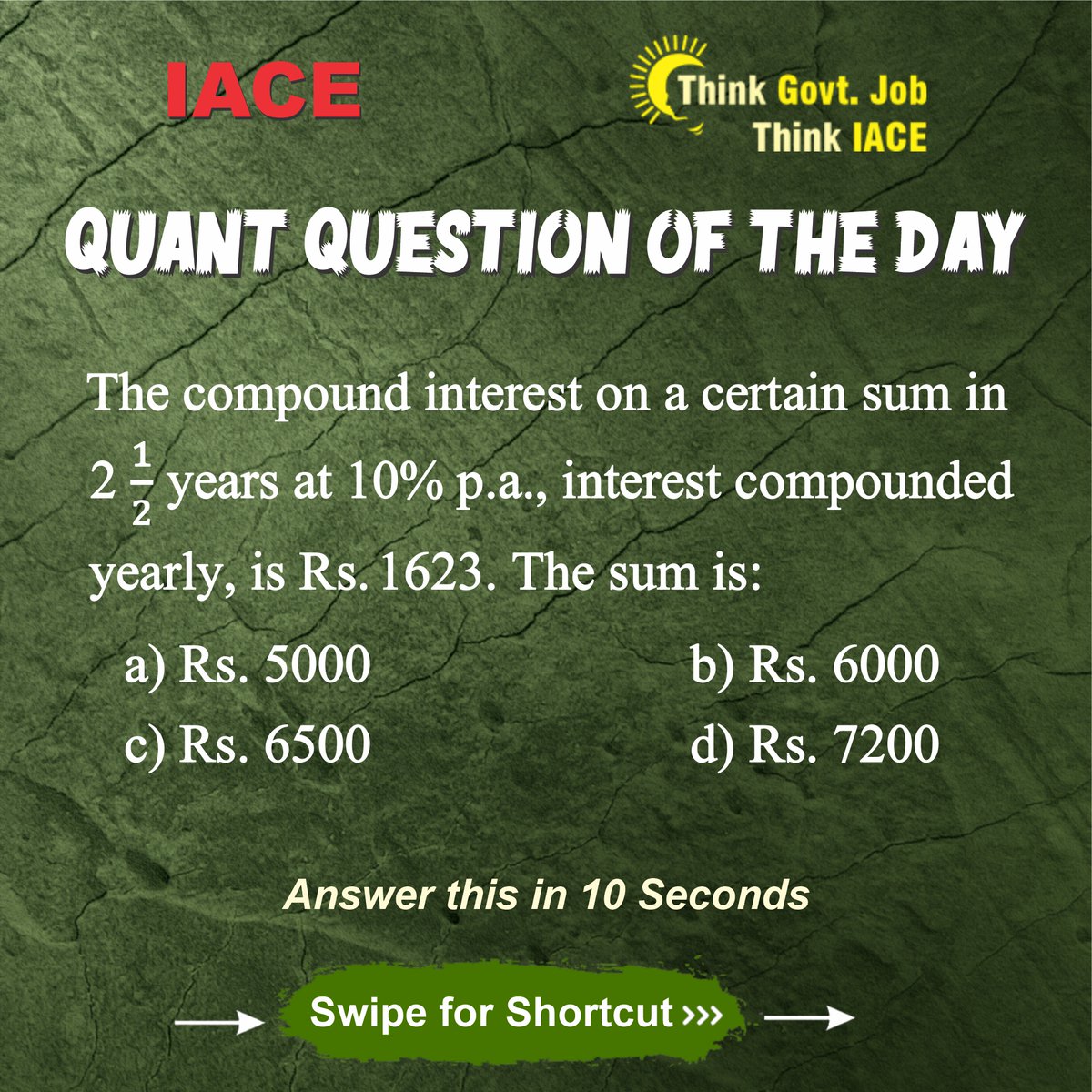 Hyd_IACE's tweet image. Solving the IACE Quant Question in 10 seconds flat! Compound interest unravelled. ⏰💡 Follow for more quant brilliance! #IACEQuantChallenge #QuickMaths #FollowForMore #IACEQuantChallenge #FinancialWizardry #NumbersGame #intrest #problems #quant #compoundinterest #profit #iace