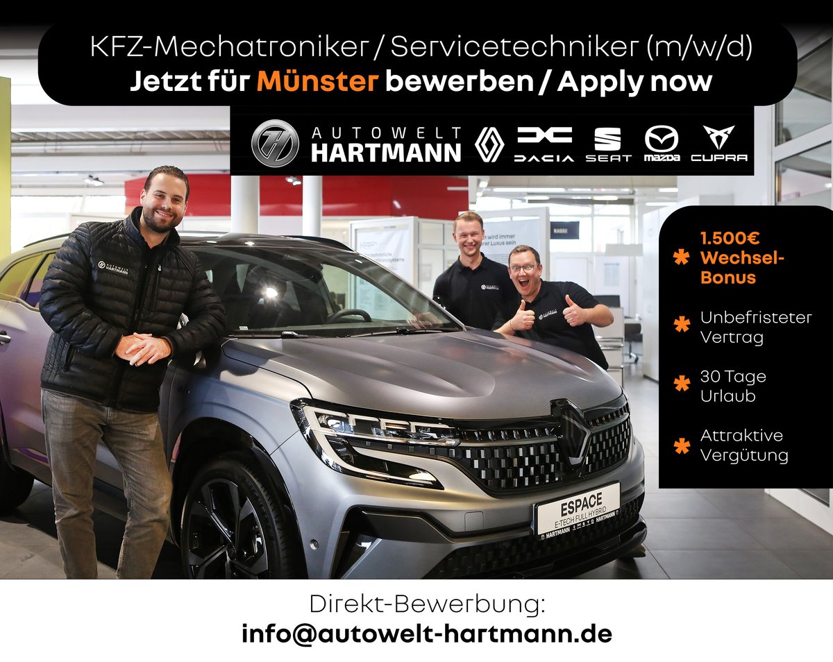 Unser Team in Münster freut sich über neue Top-Kollegen, jetzt gerne bewerben! autowelt-hartmann.de/unternehmen/jo… #kfzmechanik #monteur #offenestelle #ms4l #autohaus #autowerkstatt