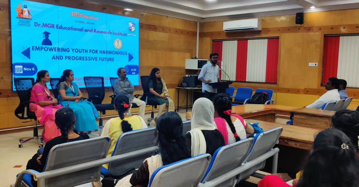 ABVPNorthTN's tweet photo. INDGenius North Tamil Nadu organized an seminar on 'Empowering Youth for a Harmonious and Progressive Future' at Dr. MGR University chennai on November 6th. The event fostered insightful discussions on fostering harmony and shaping a progressive tomorrow.
#INDGenius #India https://t.co/YGdyb3gGNN