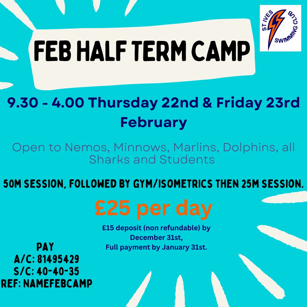 We are very excited to offer our Feb half term swim camp, held in Oundle.

If you would like to attend, please pay the £15 deposit by December 31st and register here 
forms.gle/areuES4hduEhJF…