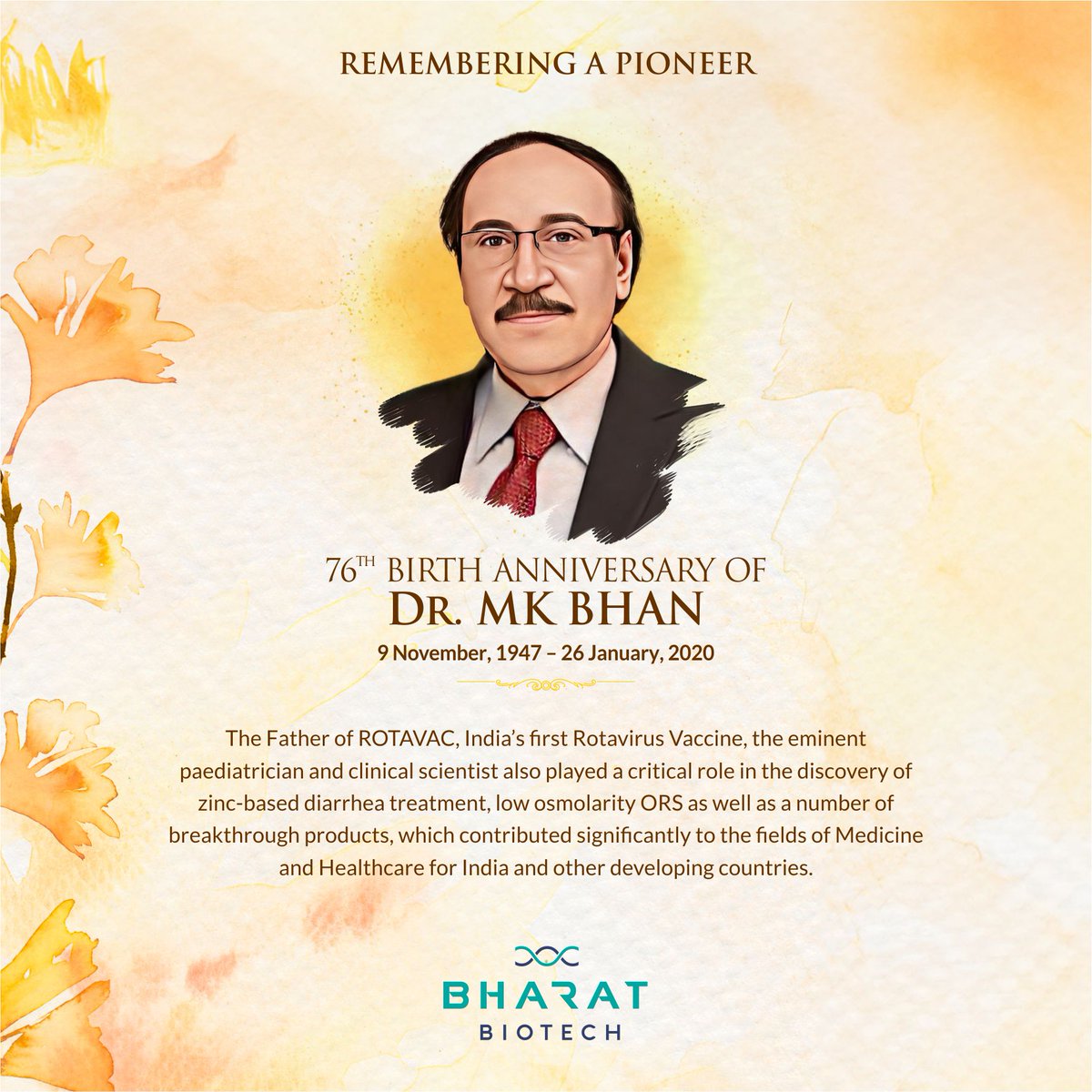 BharatBiotech's tweet photo. Remembering #DrMKBhan on his #BirthAnniversary, the father of #Rotavac, whose legacy lives on for generations to come. Reminiscing his immense contribution towards saving the lives of countless children through his groundbreaking invention. #BharatBiotech #EmotionalTribute https://t.co/AEStFsDWOu