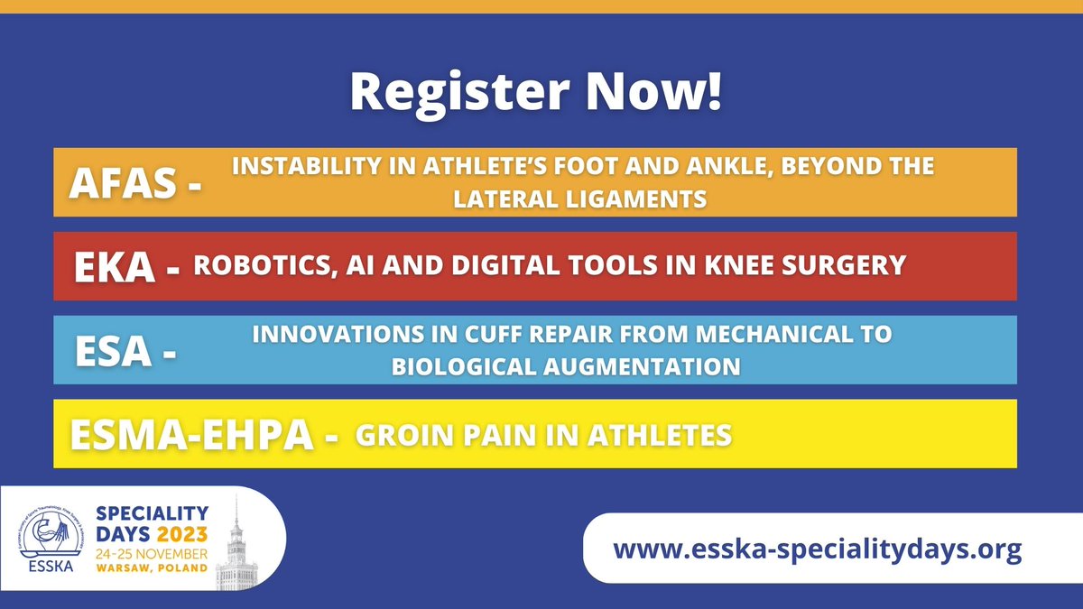 ESSKA_society's tweet photo. Time is flying! Join us 24-25 Nov. at #ESSKASD2023 for two dynamic days of scientific exchange of the highest quality with 4 top-class scientific meetings under one roof.

Register at https://t.co/RBh1mfsFLN
#AFAS #EKA #ESA #ESMA #EHPA
#SportsTraumatology #KneeSurgery #CuffRepair https://t.co/zcPUEeoke5