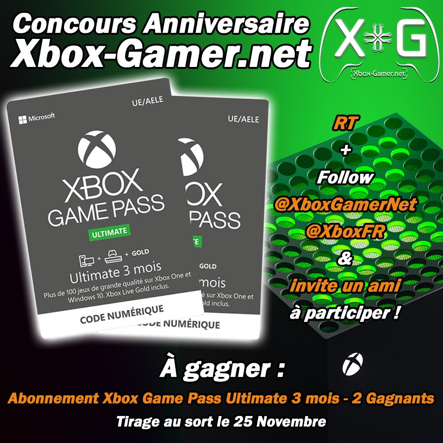 XboxGamerNet's tweet photo. On continue la valse des Concours pour nos 21 ans #XG21Ans ! 

Cette fois-ci c'est @XboxFR en personne qui nous permet d'offrir 2 abonnements Game Pass Ultimate de 3 mois ! 

🟢 RT &amp; Follow @XboxGamerNet et @XboxFR 
🟢 Invite un ami à participer ! https://t.co/eKFYVceL1Y
