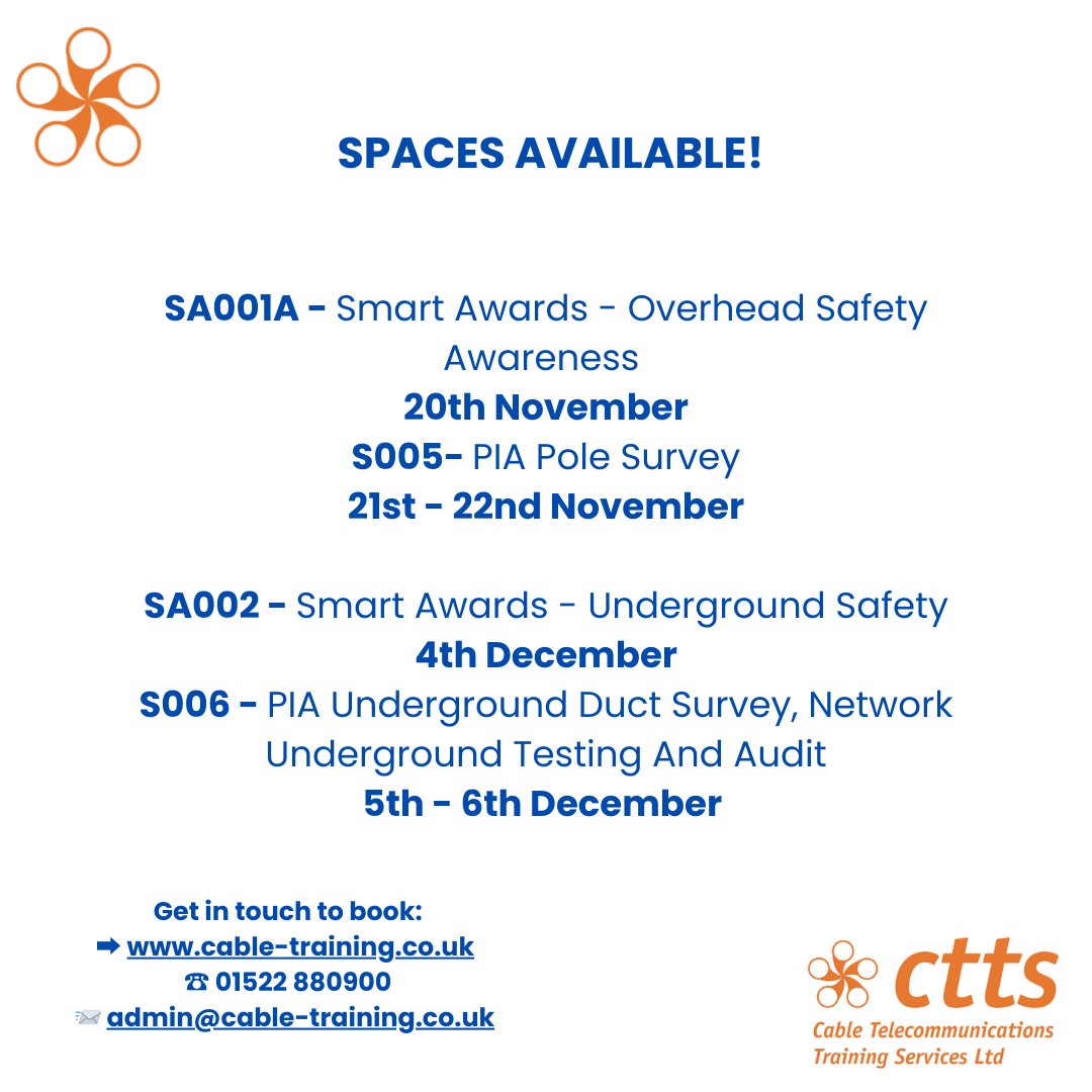 Ctts_training's tweet image. 🚨 Spaces available to book 👷‍♂️
Get in touch today! 📨☎
If the course you need isn't listed, get in touch to see what we can offer!
➡ cable-training.co.uk
☎ 01522 880900
📨 admin@cable-training.co.uk

#Civils #telecomstraining #CTTS #overheadtraining #smartawards