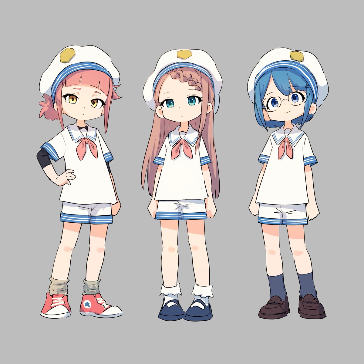 3girls multiple girls shorts shoes hat socks neckerchief  illustration images