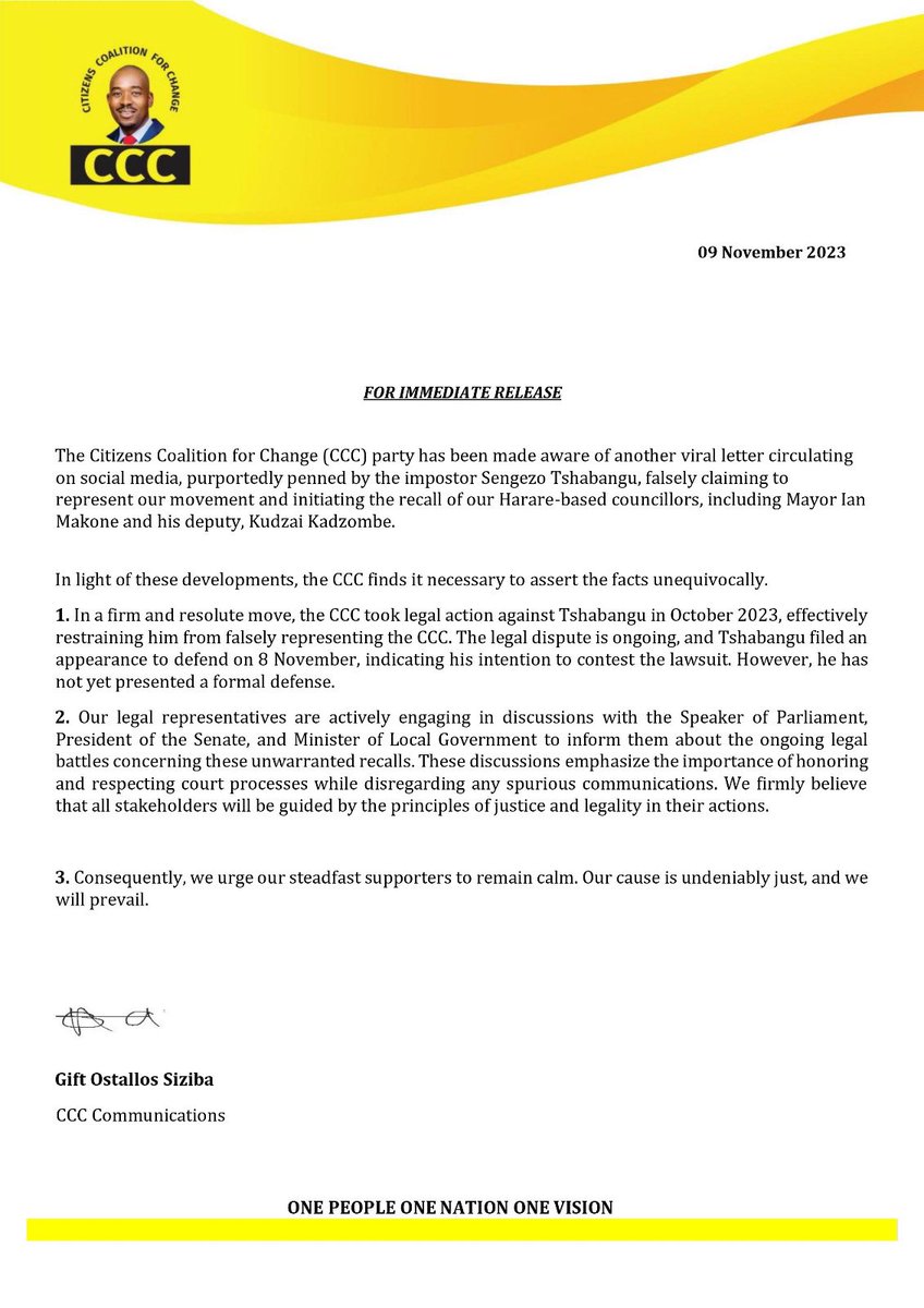 🗞️PRESS STATEMENT: The Citizens Coalition for Change (CCC) party has been made aware of another viral letter circulating on social media, purportedly penned by the impostor Sengezo Tshabangu, falsely claiming to represent our movement and initiating the recall of our Harare-based…