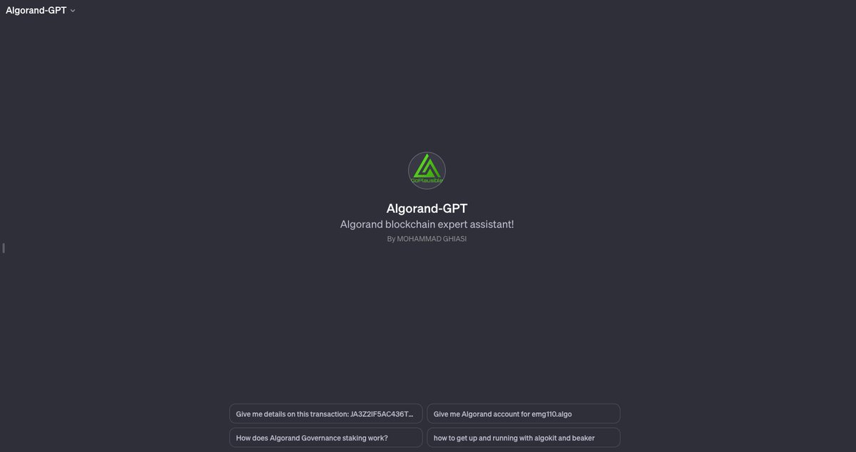 📢#Algorand #algofam !
Only 3 days after <a href="/OpenAI/">OpenAI</a> announcement of new tech stack: #Algorand_GPT is publicly available for ChatGPT plus users!
NFDs, all MAINNET, all documentation, and resources and growing by the day! 

Some starter prompts:
- Give me Algorand account address for