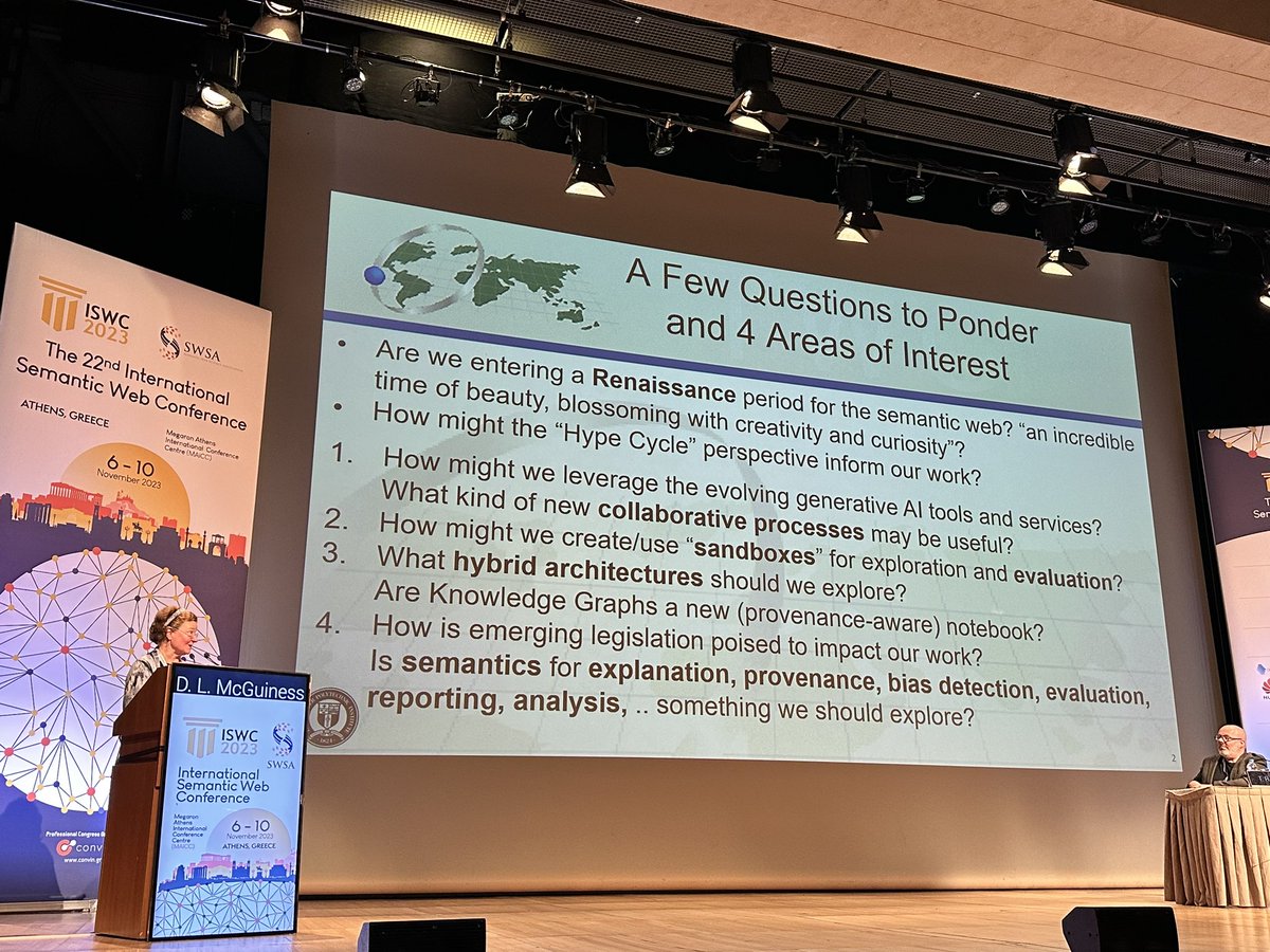 juansequeda's tweet image. Love how @dlmcguinness is calling this time a renaissance for the semantic web/knowledge graph community. I’m excited about how we can improve/update knowledge engineering methodologies for Human-LLM collaboration, and how KG are poised to be the context layer for LLMs #iswc2023