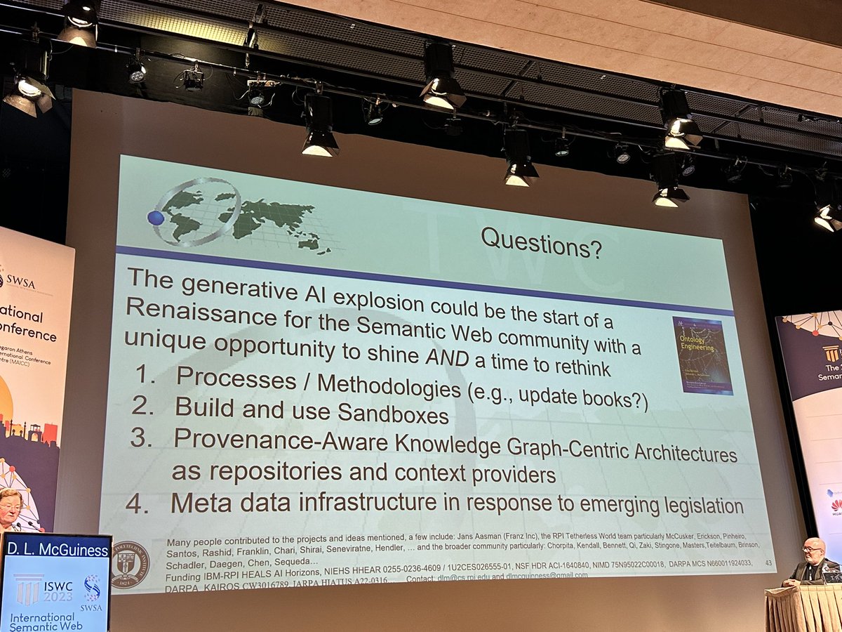 juansequeda's tweet image. Love how @dlmcguinness is calling this time a renaissance for the semantic web/knowledge graph community. I’m excited about how we can improve/update knowledge engineering methodologies for Human-LLM collaboration, and how KG are poised to be the context layer for LLMs #iswc2023